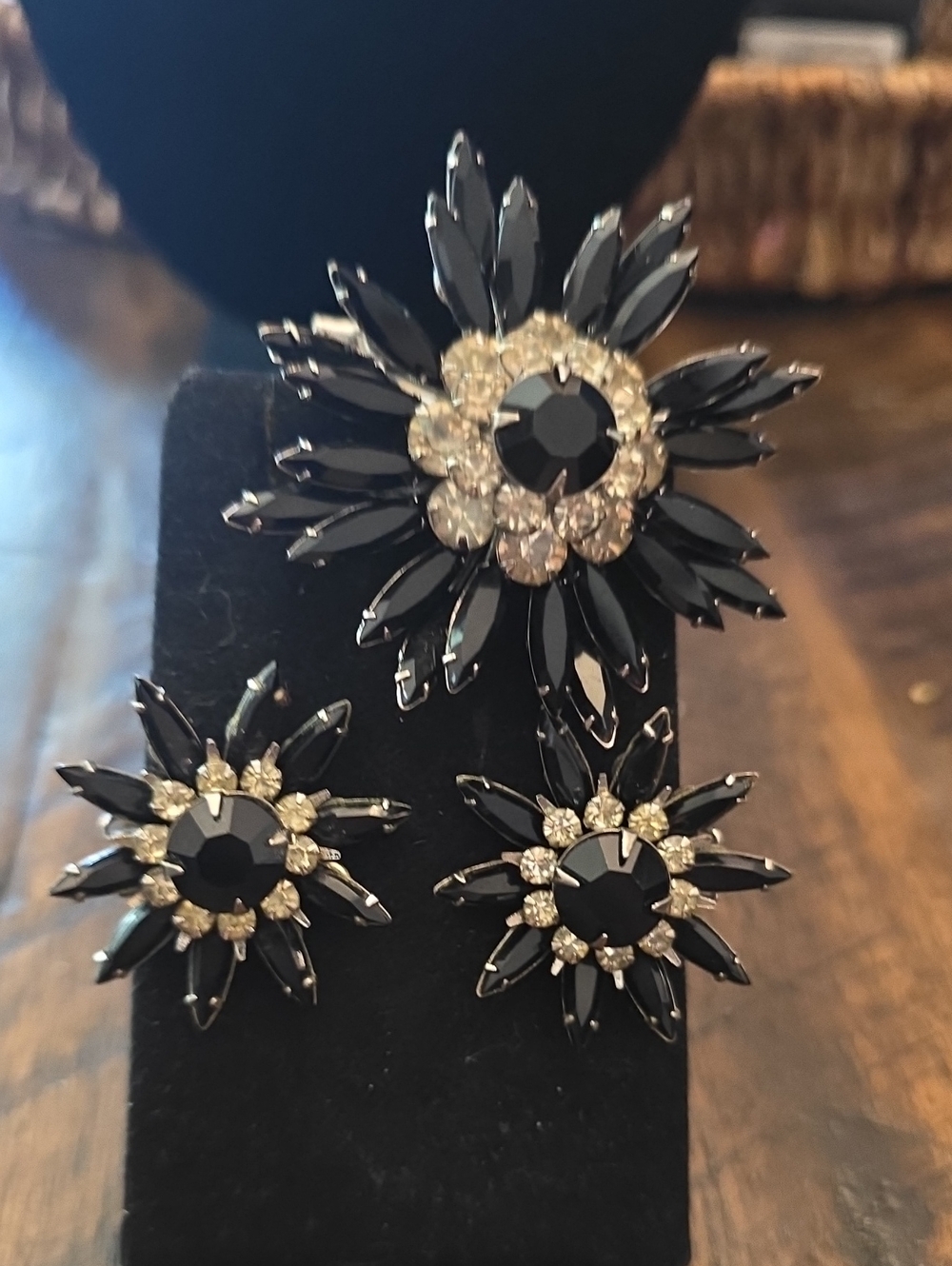 Vintage Black Floral Crystal Brooch and Earring Set - Sparkling Accent